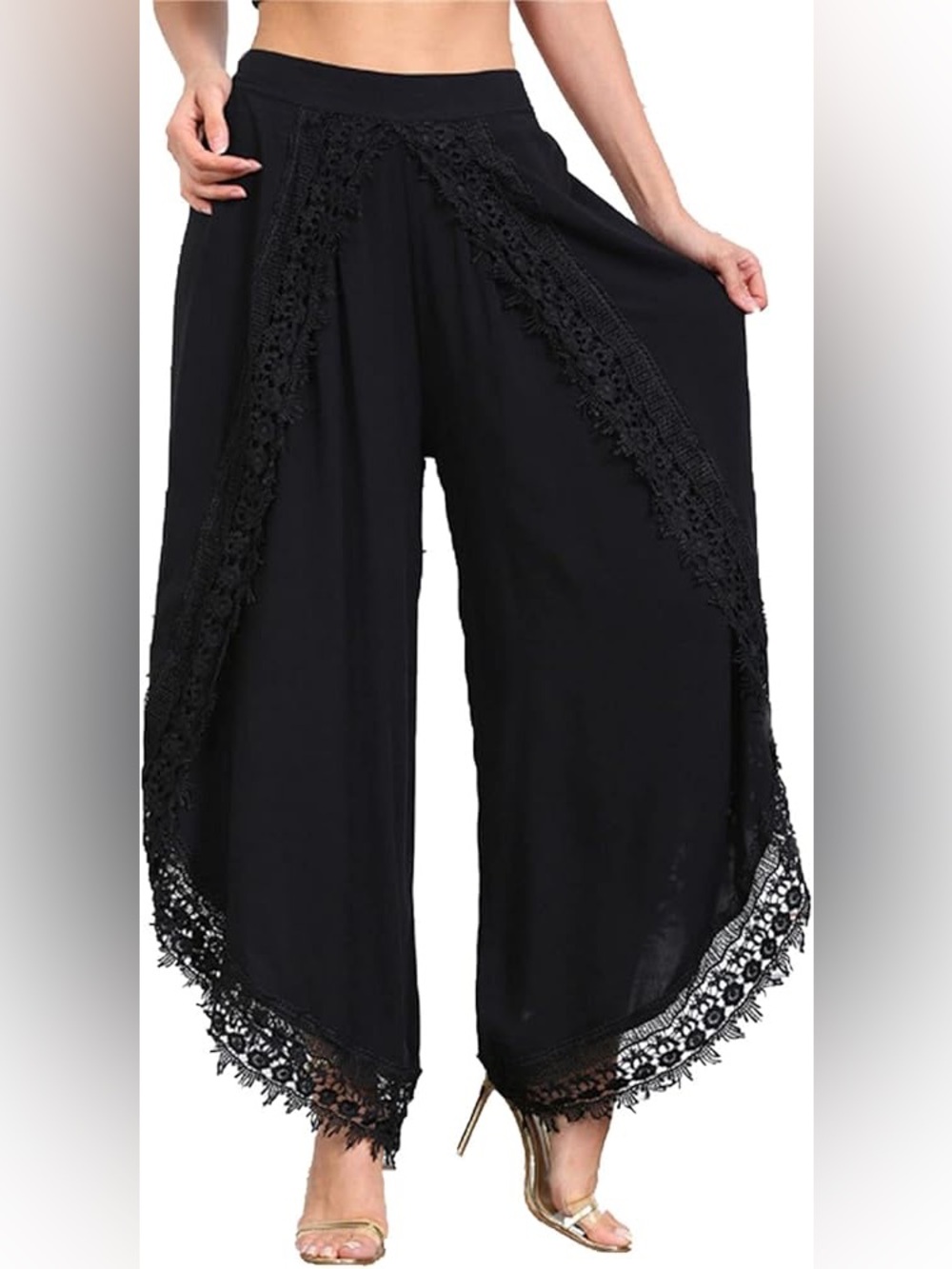 Black Crochet Trim Wide-Leg Pants sz: small